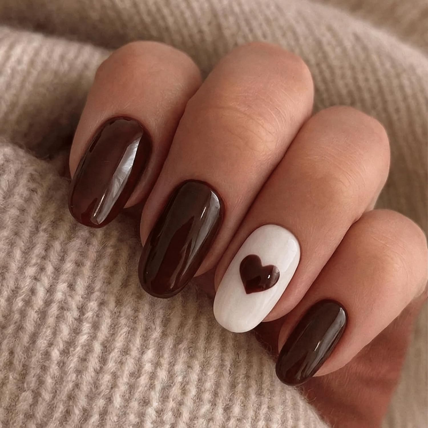 24pcs Handmade Soft Gel Press On Nails Reusable Stick On Nails Kit with Glue, Adhesive Tabs, Nail File & Cuticle Stick-Dark brown with heart-20
