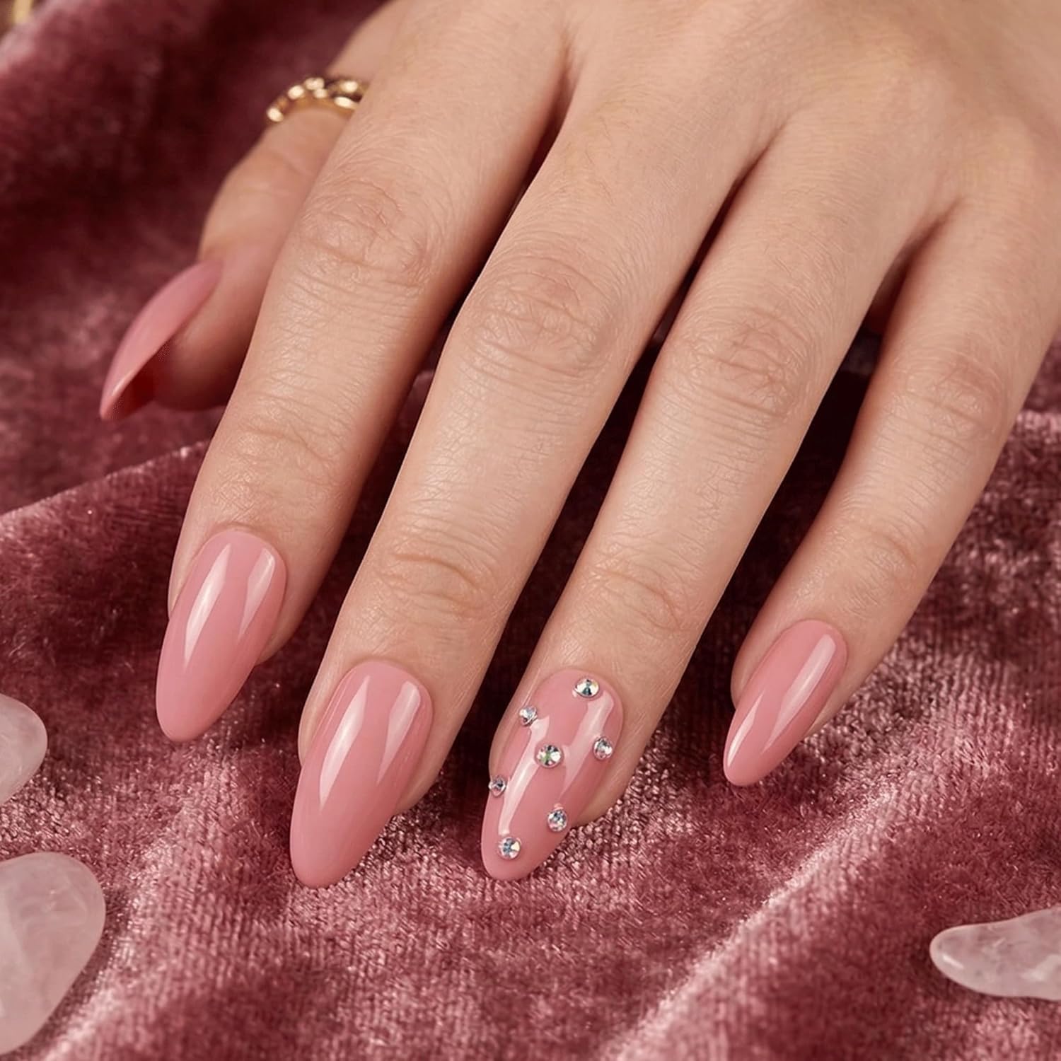 24pcs Handmade Soft Gel Press On Nails Reusable Stick On Nails Kit with Glue, Adhesive Tabs, Nail File & Cuticle Stick-Dark nude with stones-38