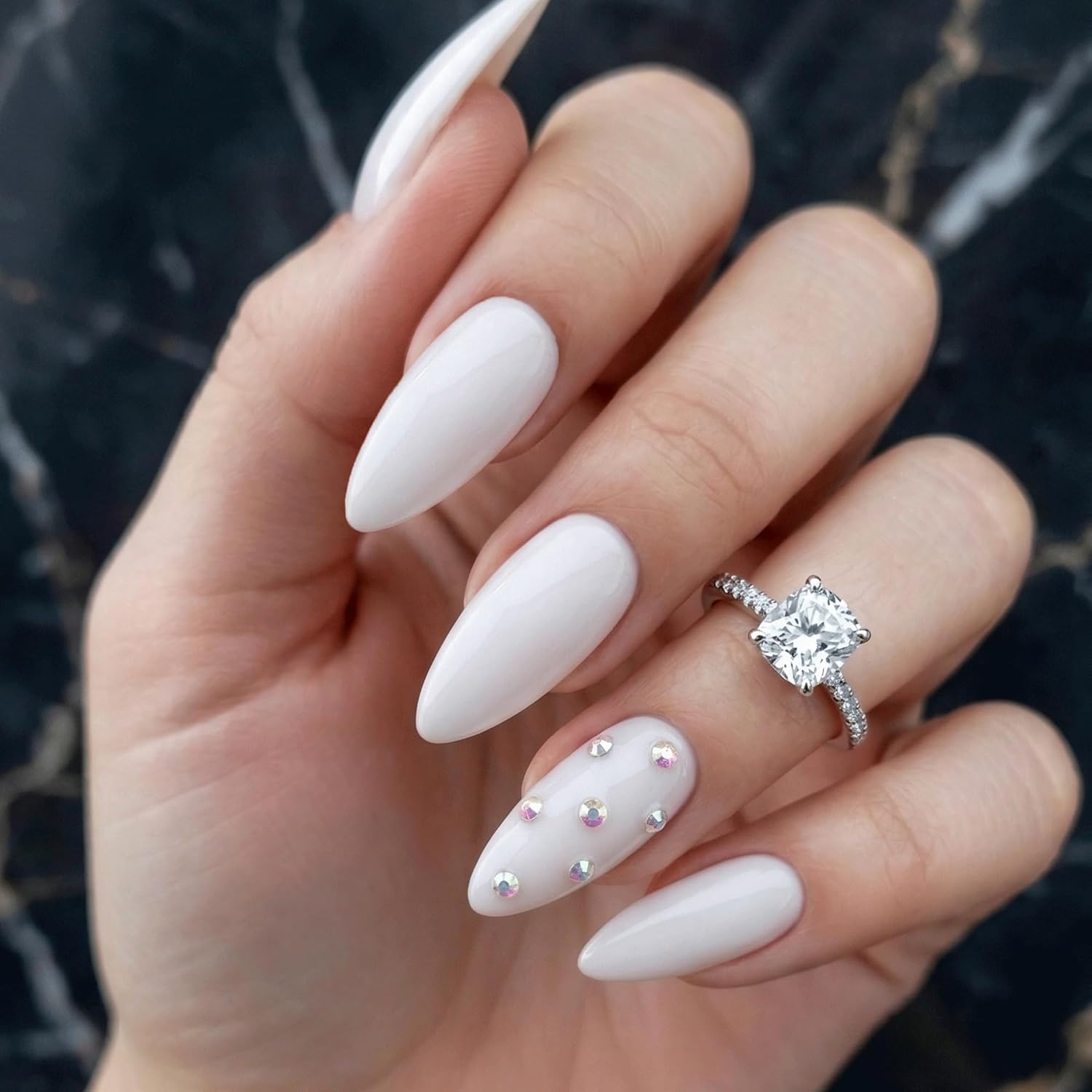 24pcs Handmade Soft Gel Press On Nails Reusable Stick On Nails Kit with Glue, Adhesive Tabs, Nail File & Cuticle Stick-Milky white with stone -26