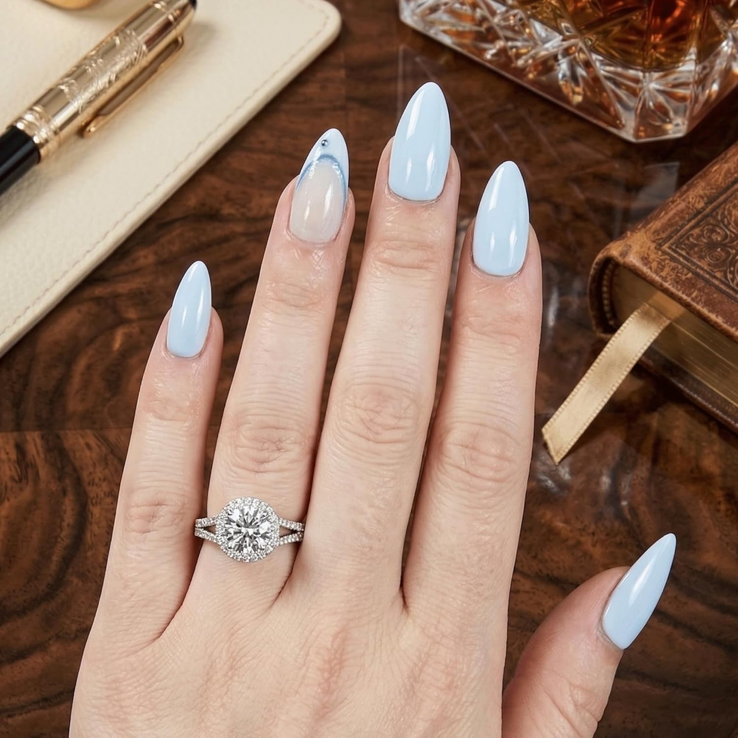 24pcs Handmade Soft Gel Press On Nails Reusable Stick On Nails Kit with Glue, Adhesive Tabs, Nail File & Cuticle Stick-Baby Blue with evil eye French-17