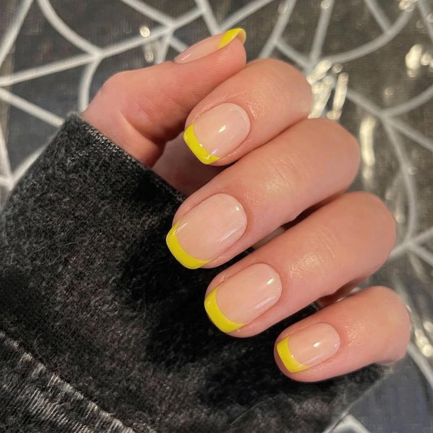 24pcs Handmade Soft Gel Press On Nails Reusable Stick On Nails Kit with Glue, Adhesive Tabs, Nail File & Cuticle Stick-Yellow french tips-15