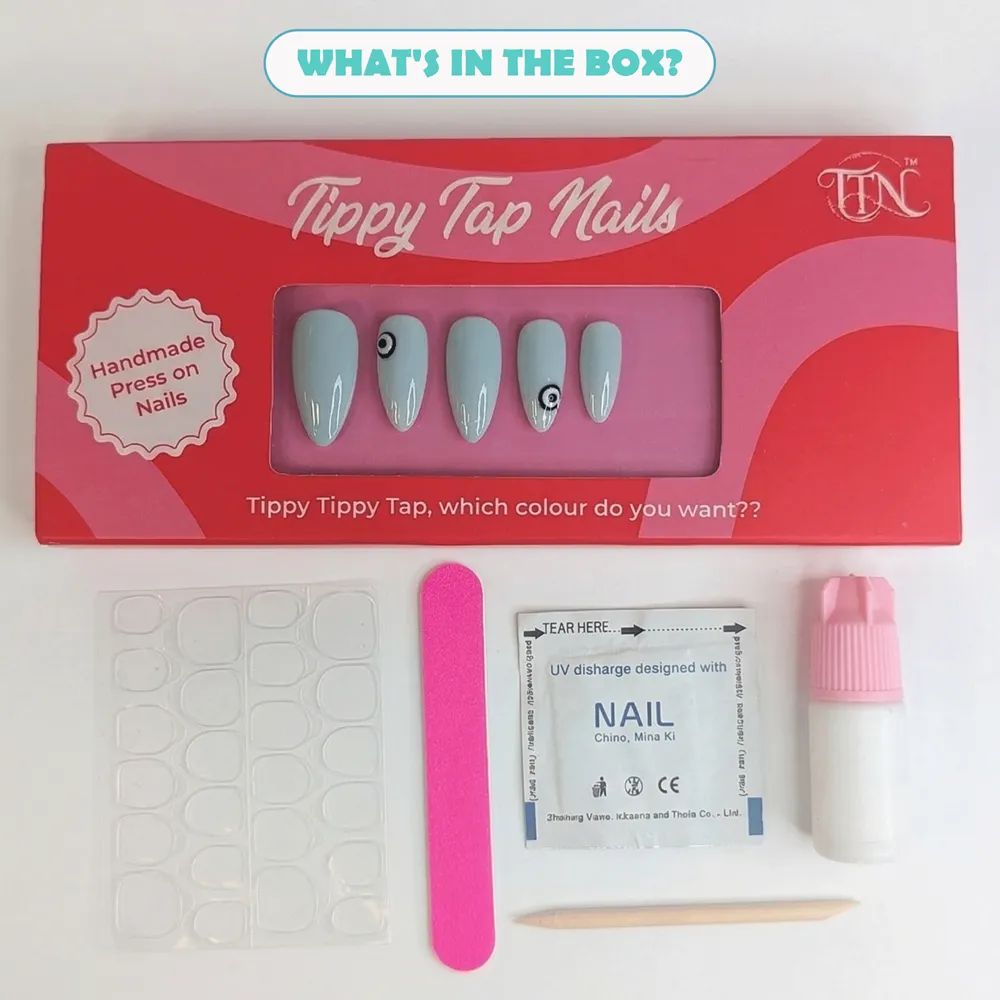 24pcs Handmade Soft Gel Press On Nails Reusable Stick On Nails Kit with Glue, Adhesive Tabs, Nail File & Cuticle Stick-Baby blue with evil eye-36