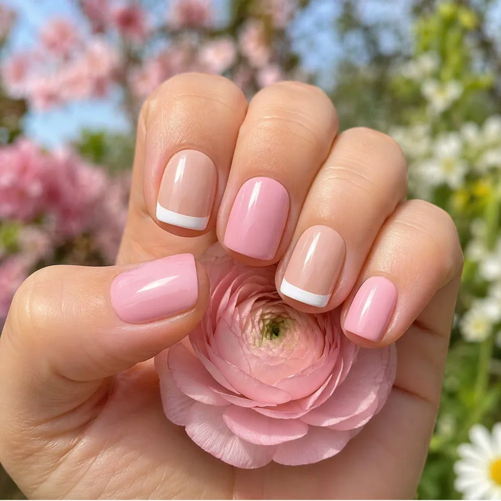 24pcs Handmade Soft Gel Press On Nails Reusable Stick On Nails Kit with Glue, Adhesive Tabs, Nail File & Cuticle Stick - Baby pink with white french 109