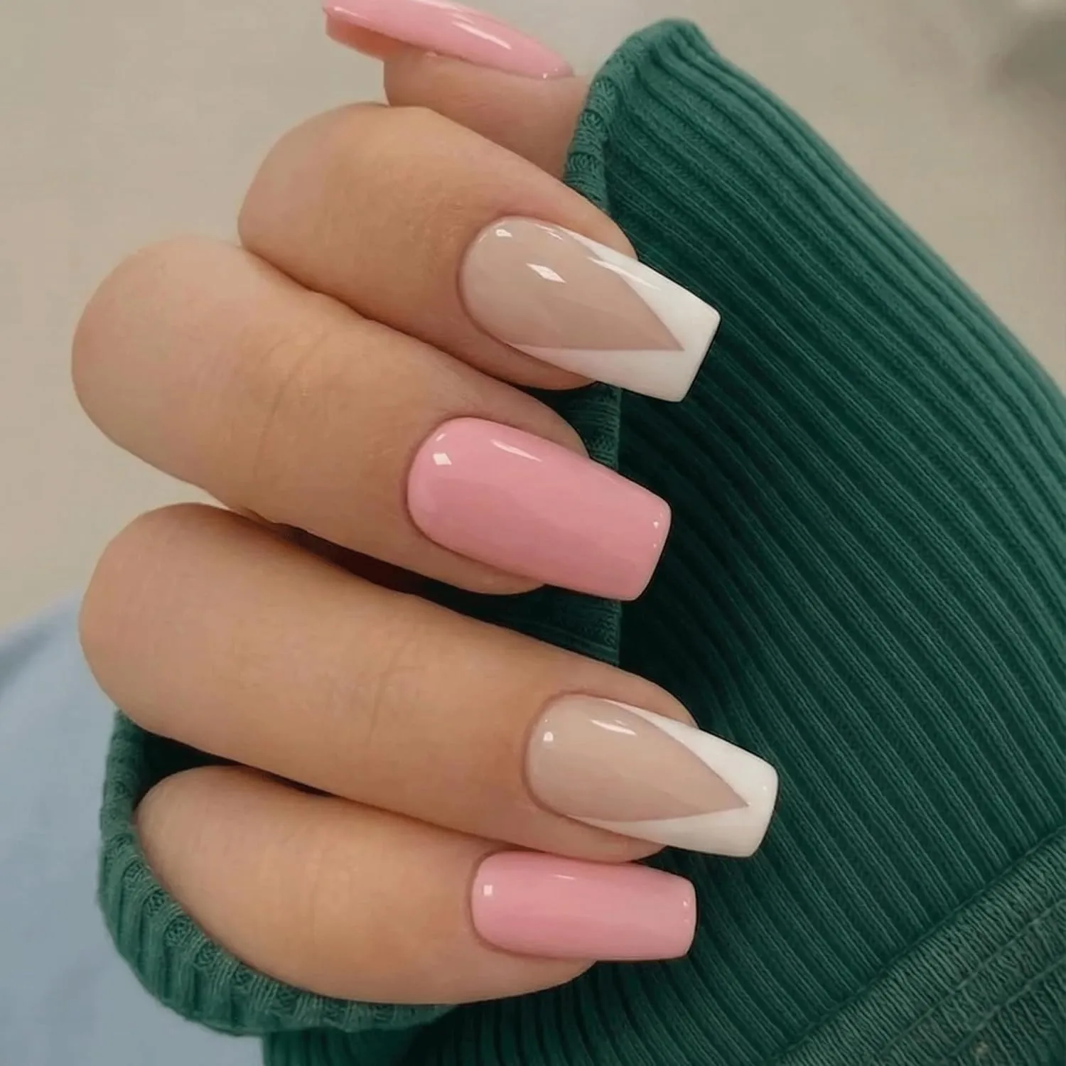 Tippy Tap Nails 24pcs Handmade Soft Gel Press On Nails Reusable Stick On Nails Kit with Glue, Adhesive Tabs, Nail File & Cuticle Stick-Baby pink with white french-19