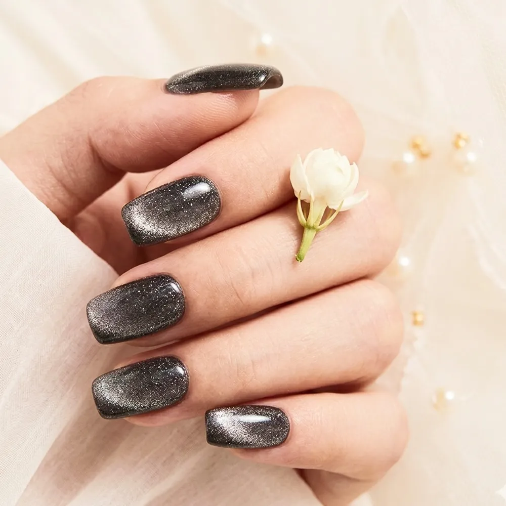 24pcs Handmade Soft Gel Press On Nails Reusable Stick On Nails Kit with Glue, Adhesive Tabs, Nail File & Cuticle Stick -Black shimmer cat eye nails 88