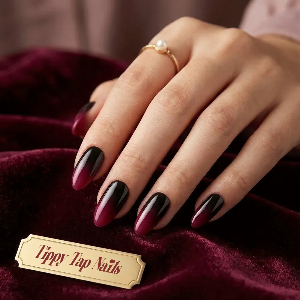 24pcs Handmade Soft Gel Press On Nails Reusable Stick On Nails Kit with Glue, Adhesive Tabs, Nail File & Cuticle Stick-Black wine ombre-01