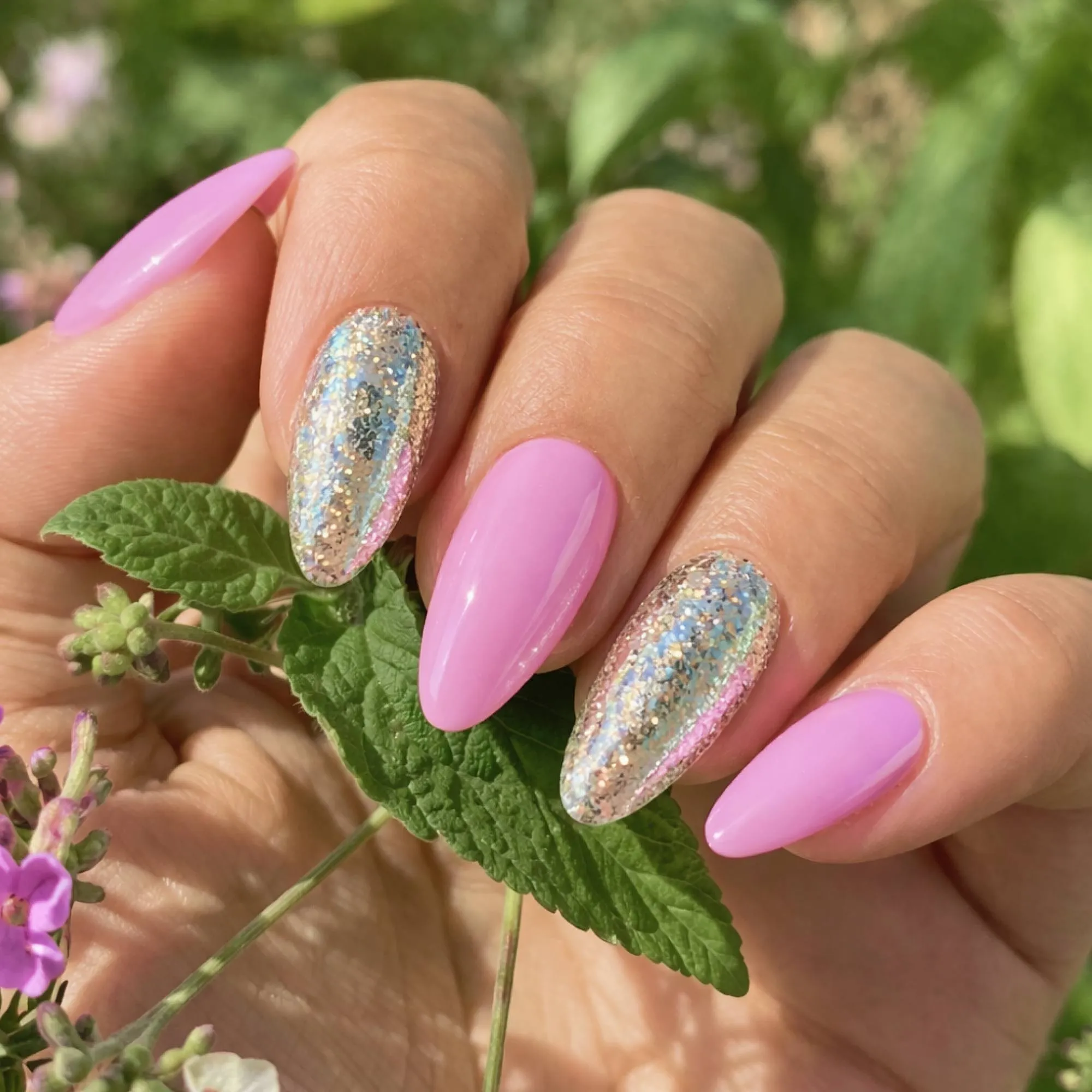 24pcs Handmade Soft Gel Press On Nails Reusable Stick On Nails Kit with Glue, Adhesive Tabs, Nail File & Cuticle Stick - Bright Lilac Silver Nails - 56