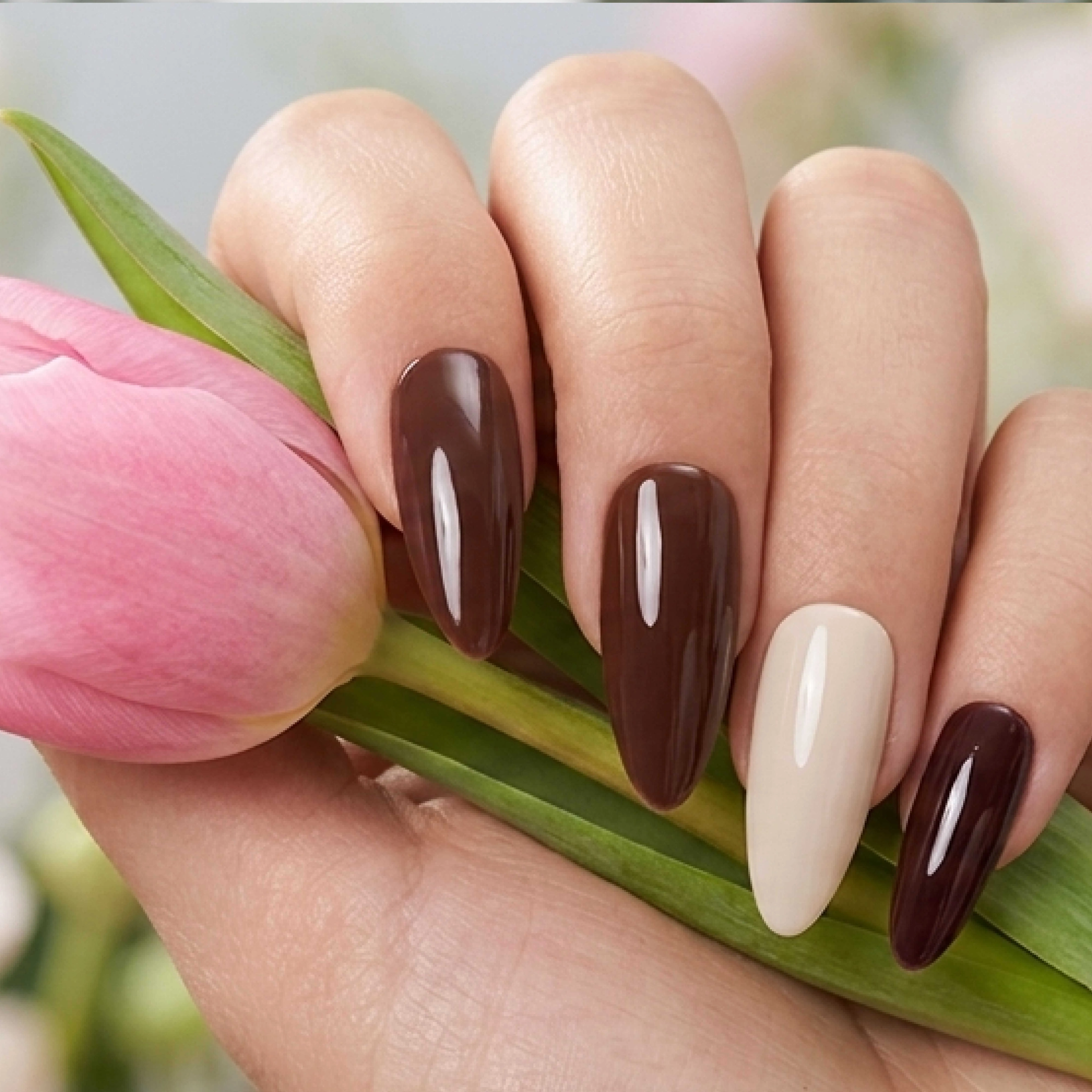24pcs Handmade Soft Gel Press On Nails Reusable Stick On Nails Kit with Glue, Adhesive Tabs, Nail File & Cuticle Stick - Brown Beige nails 78