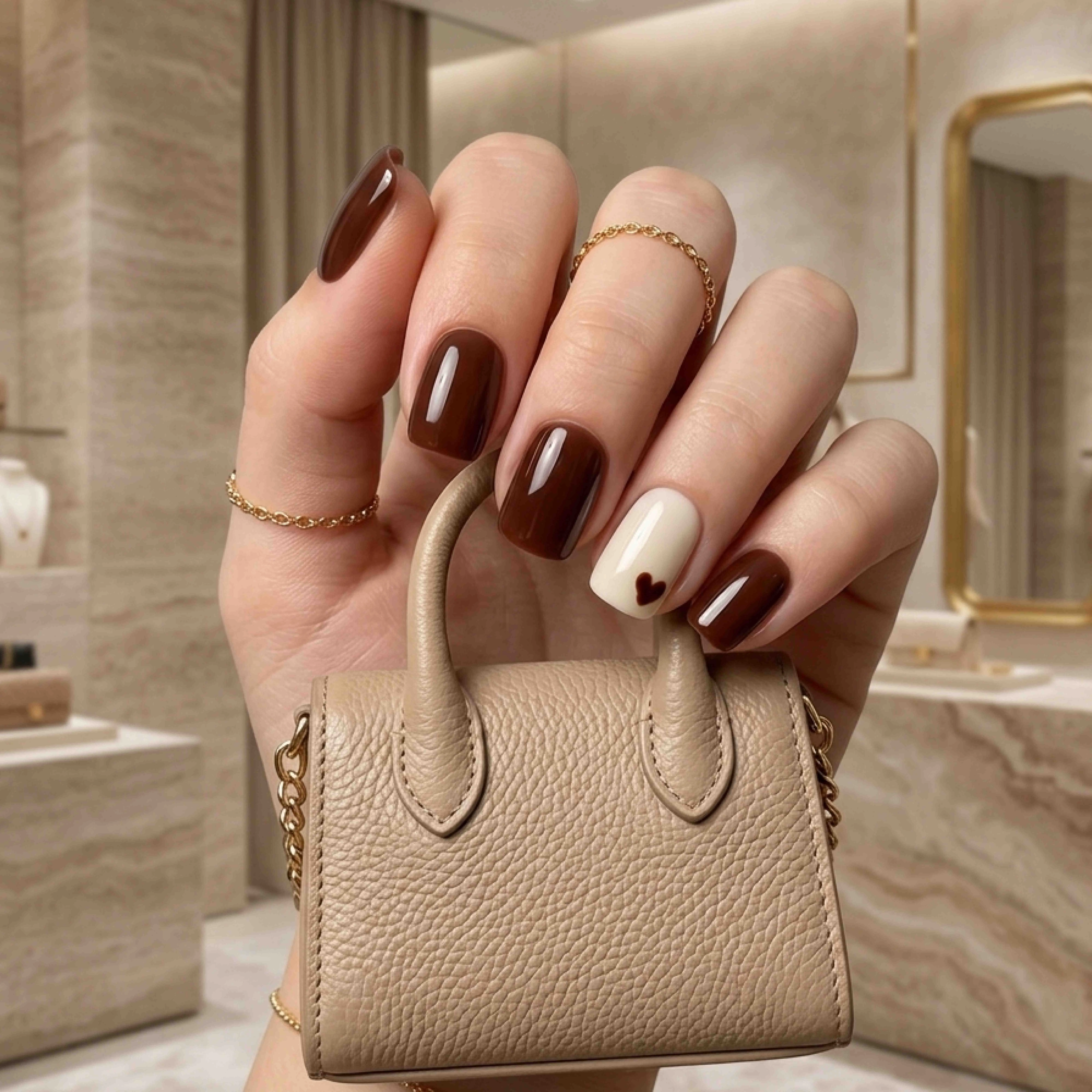 24pcs Handmade Soft Gel Press On Nails Reusable Stick On Nails Kit with Glue, Adhesive Tabs, Nail File & Cuticle Stick -Brown Beight Heart 80