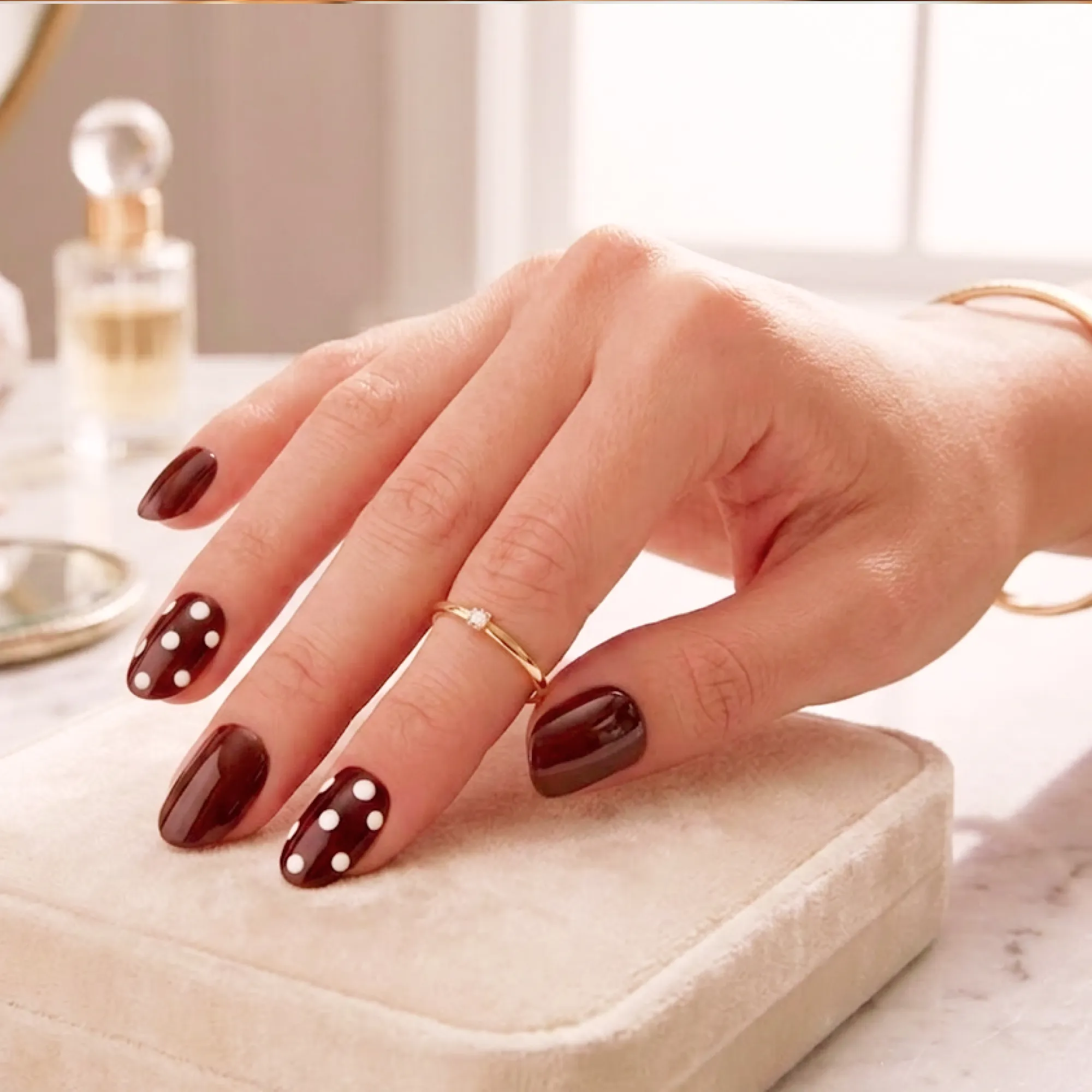 24pcs Handmade Soft Gel Press On Nails Reusable Stick On Nails Kit with Glue, Adhesive Tabs, Nail File & Cuticle Stick -Brown Polka Dots - 58