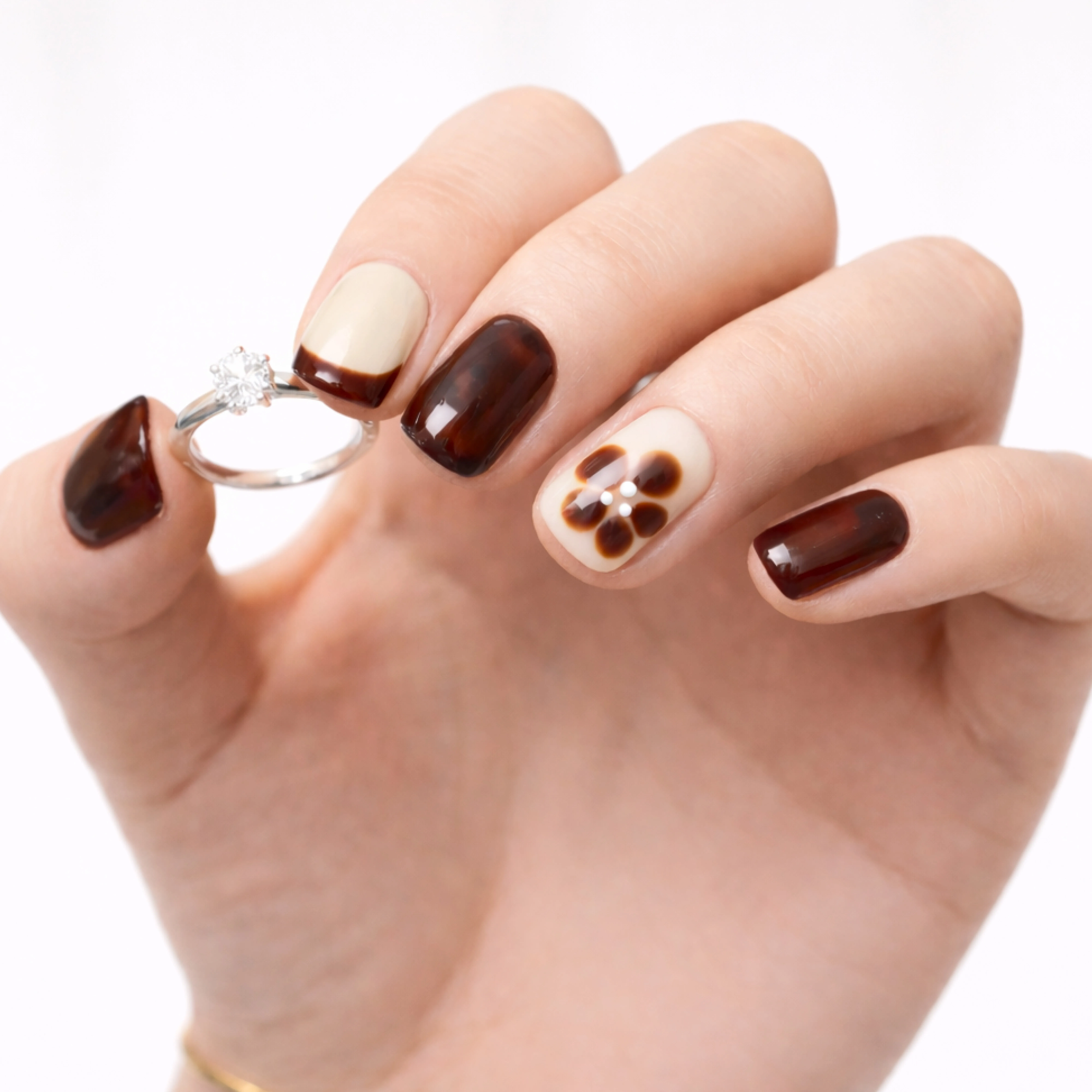 24pcs Handmade Soft Gel Press On Nails Reusable Stick On Nails Kit with Glue, Adhesive Tabs, Nail File & Cuticle Stick - Brown with French blooming flower 77