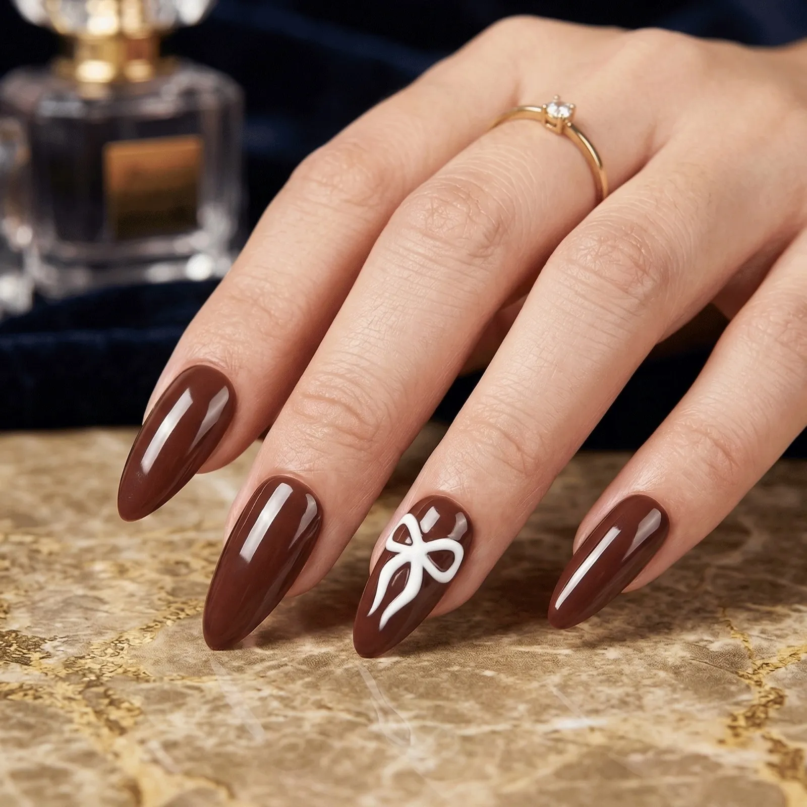 24pcs Handmade Soft Gel Press On Nails Reusable Stick On Nails Kit with Glue, Adhesive Tabs, Nail File & Cuticle Stick-Brown with bow-34