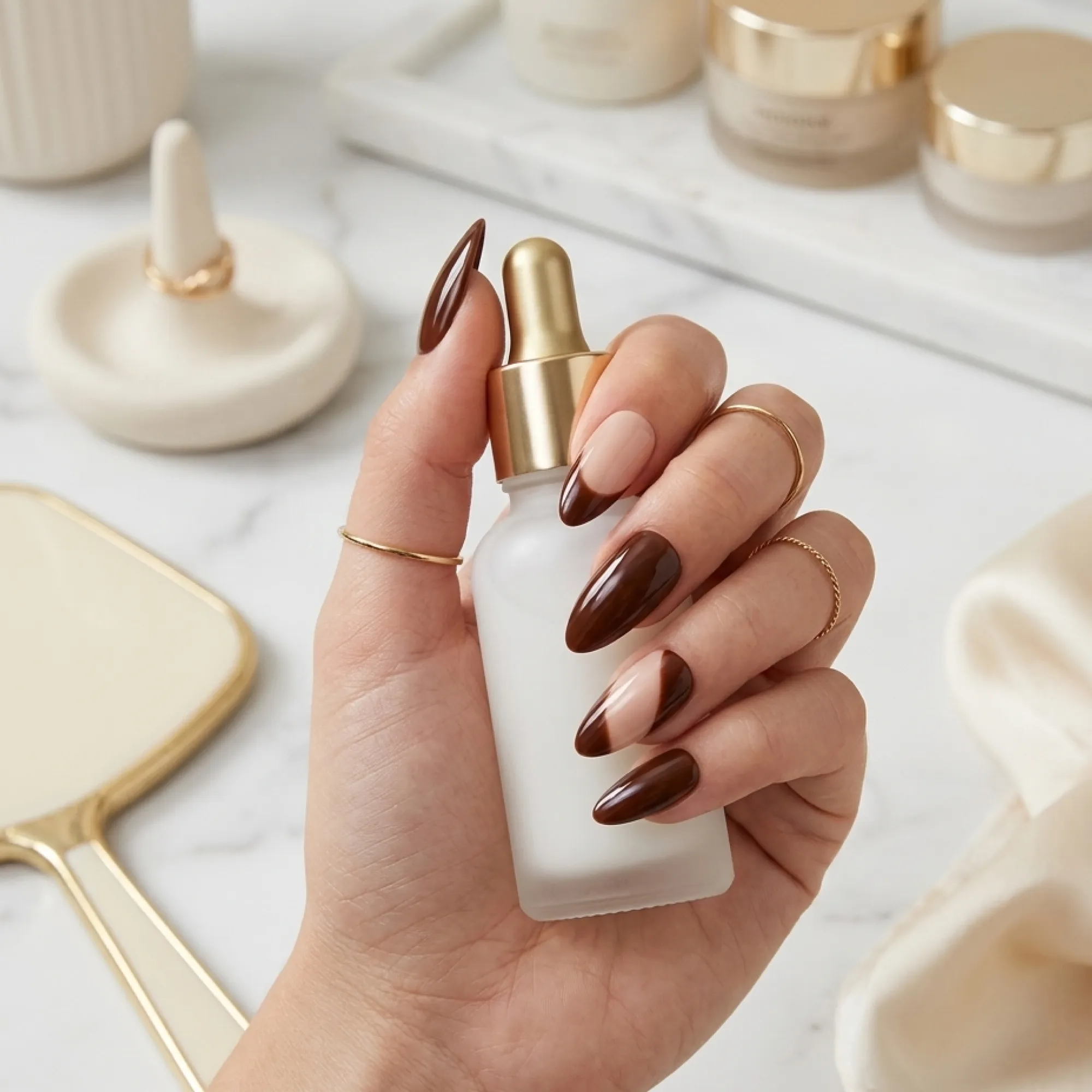 24pcs Handmade Soft Gel Press On Nails Reusable Stick On Nails Kit with Glue, Adhesive Tabs, Nail File & Cuticle Stick - Brown with swirl french 107
