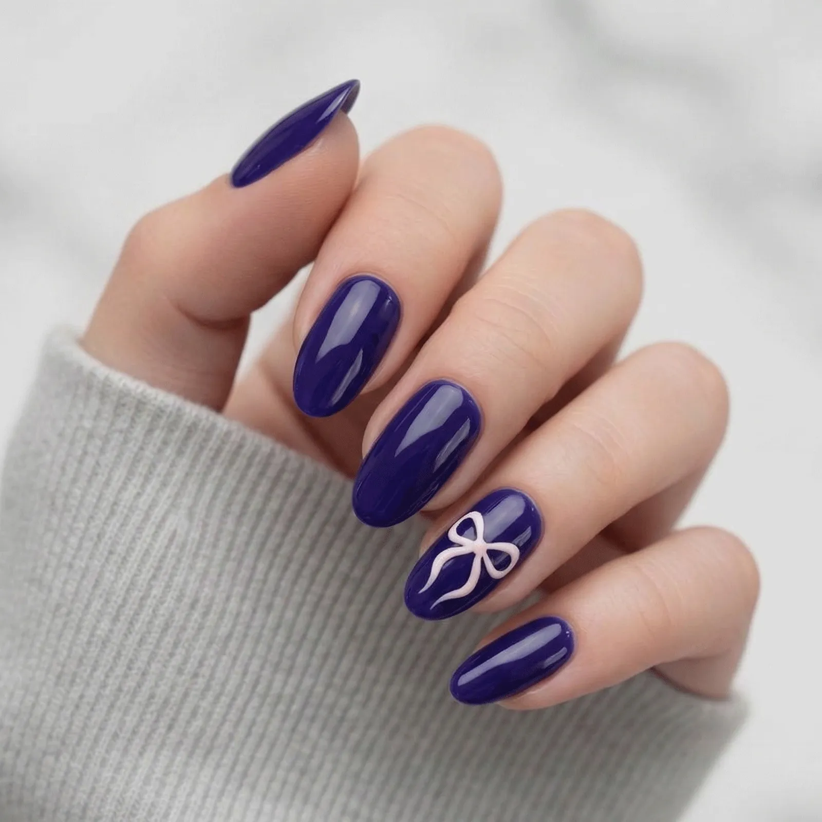 24pcs Handmade Soft Gel Press On Nails Reusable Stick On Nails Kit with Glue, Adhesive Tabs, Nail File & Cuticle Stick-Dark blue with bow art-11