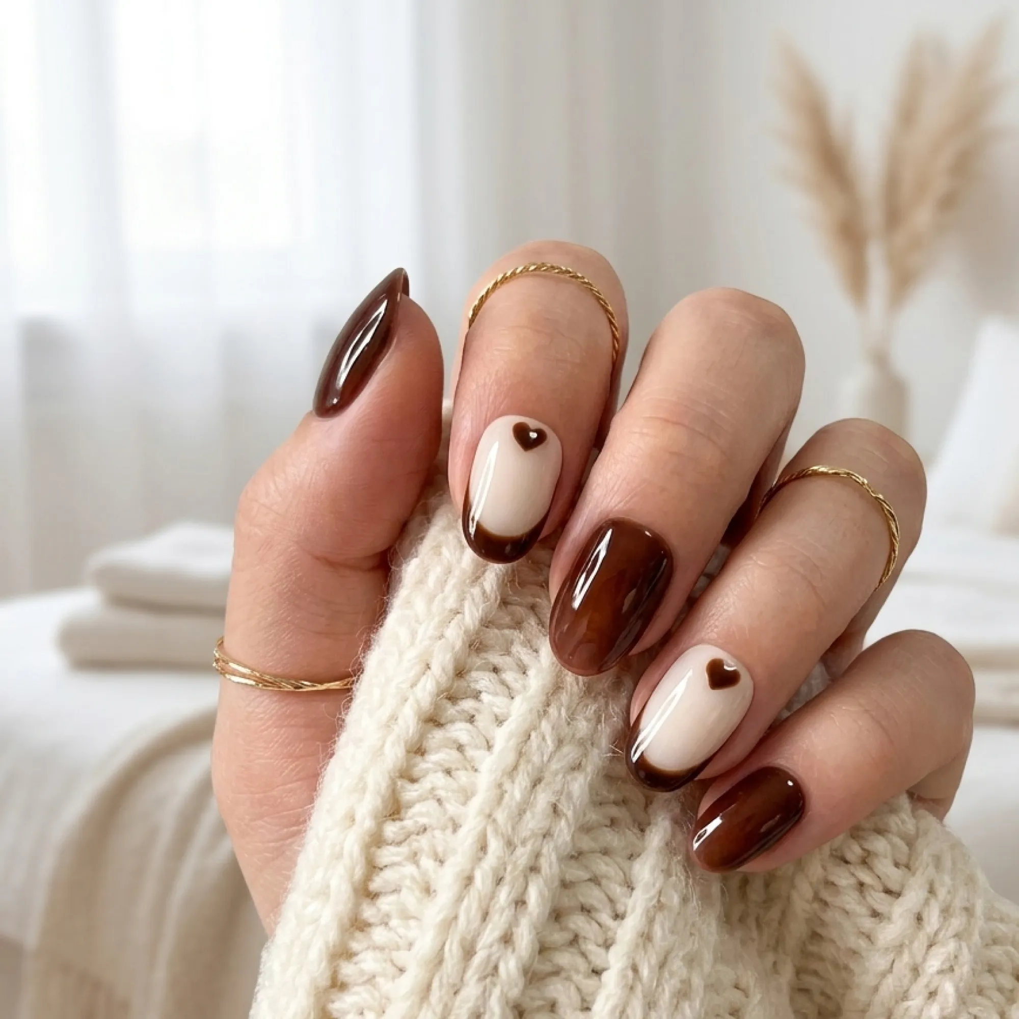 24pcs Handmade Soft Gel Press On Nails Reusable Stick On Nails Kit with Glue, Adhesive Tabs, Nail File & Cuticle Stick - Dark brown with french heart 105
