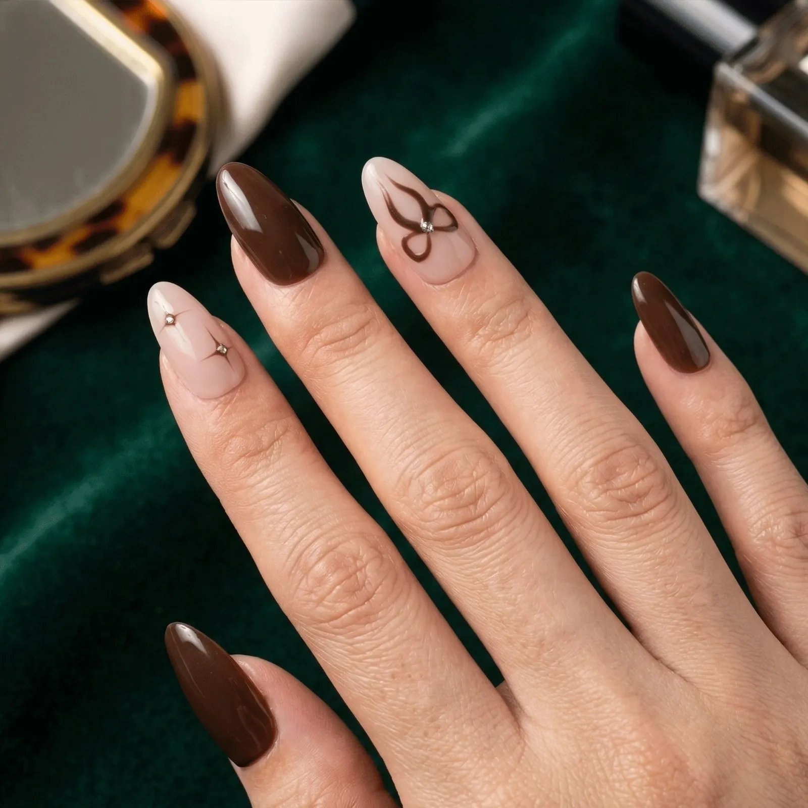 24pcs Handmade Soft Gel Press On Nails Reusable Stick On Nails Kit with Glue, Adhesive Tabs, Nail File & Cuticle Stick-Dark brown with star bow art-35