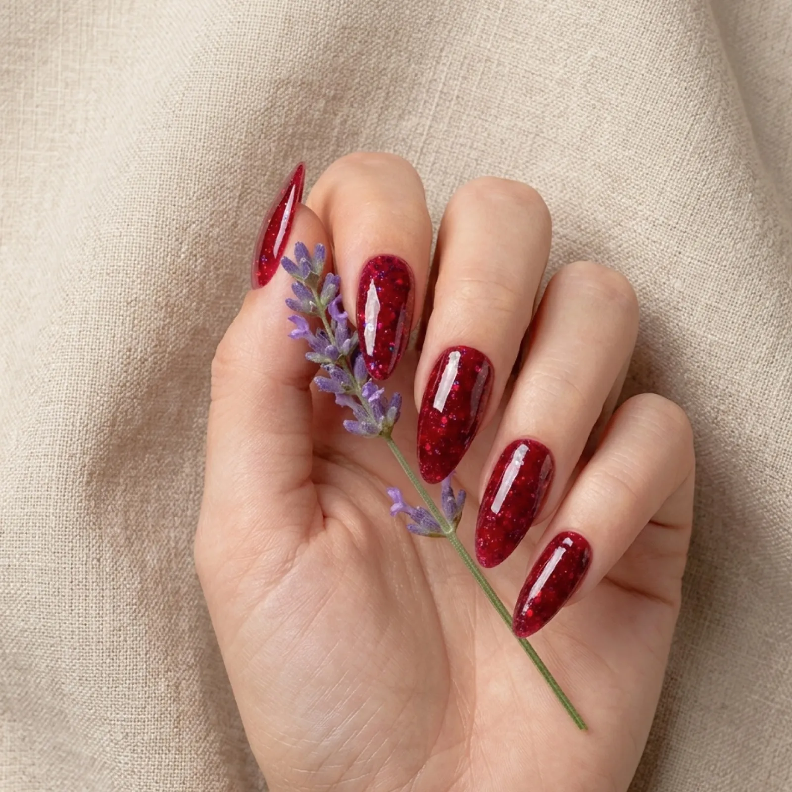 24pcs Handmade Soft Gel Press On Nails Reusable Stick On Nails Kit with Glue, Adhesive Tabs, Nail File & Cuticle Stick -Dark red glitter nail 87