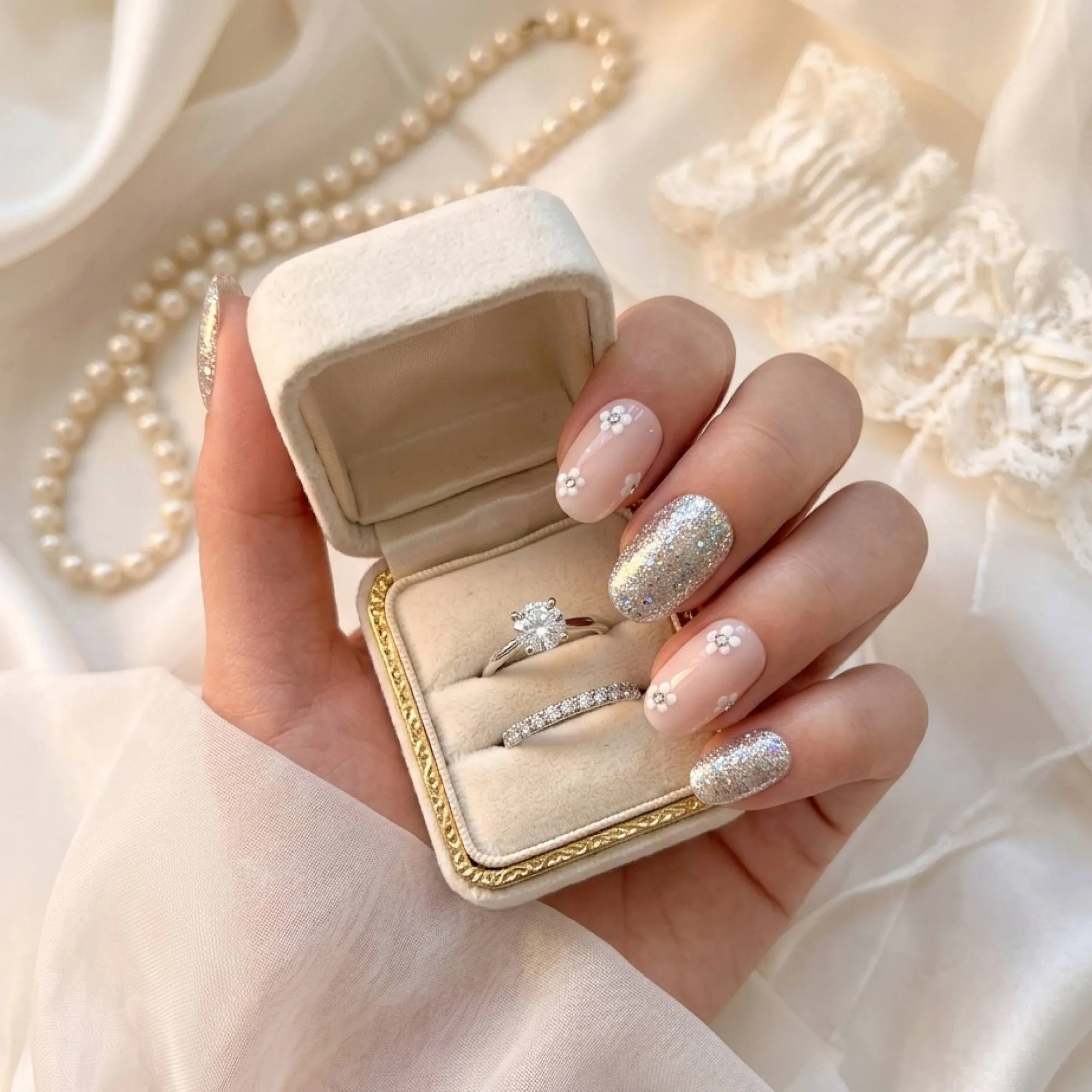 24pcs Handmade Soft Gel Press On Nails Reusable Stick On Nails Kit with Glue, Adhesive Tabs, Nail File & Cuticle Stick -Flower glitter nail 114