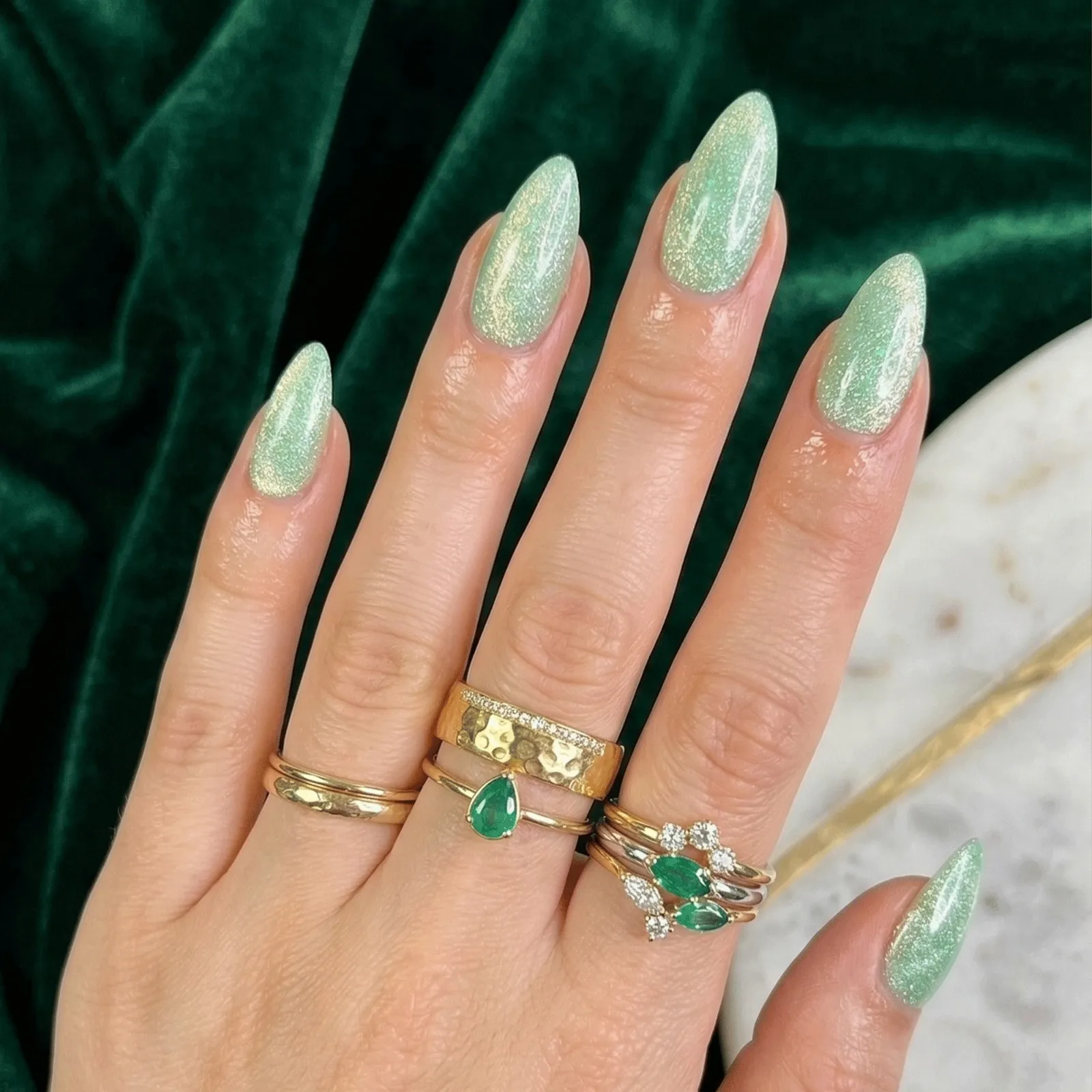 24pcs Handmade Soft Gel Press On Nails Reusable Stick On Nails Kit with Glue, Adhesive Tabs, Nail File & Cuticle Stick-Green holo cateye nails-32