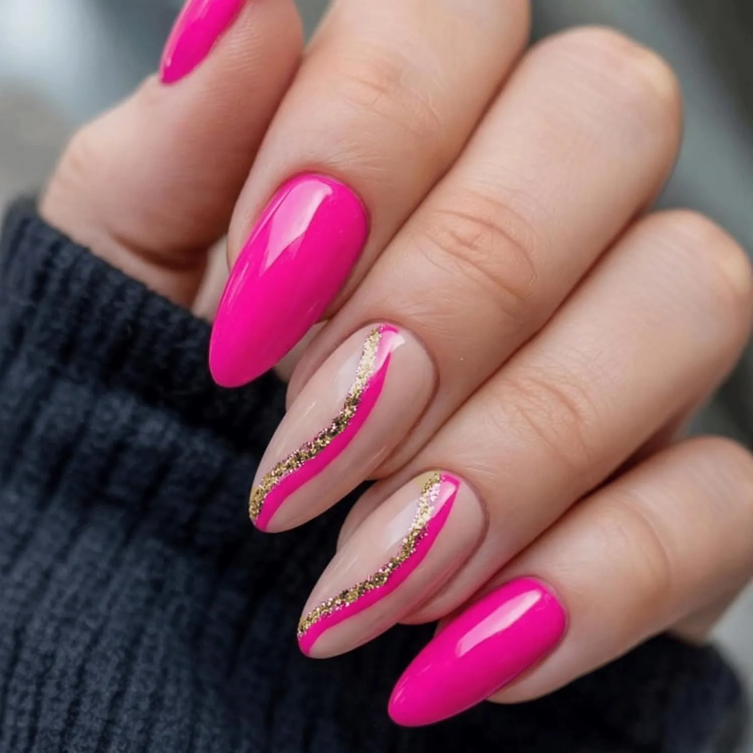 24pcs Handmade Soft Gel Press On Nails Reusable Stick On Nails Kit with Glue, Adhesive Tabs, Nail File & Cuticle Stick-Hot pink with Swirl art-09