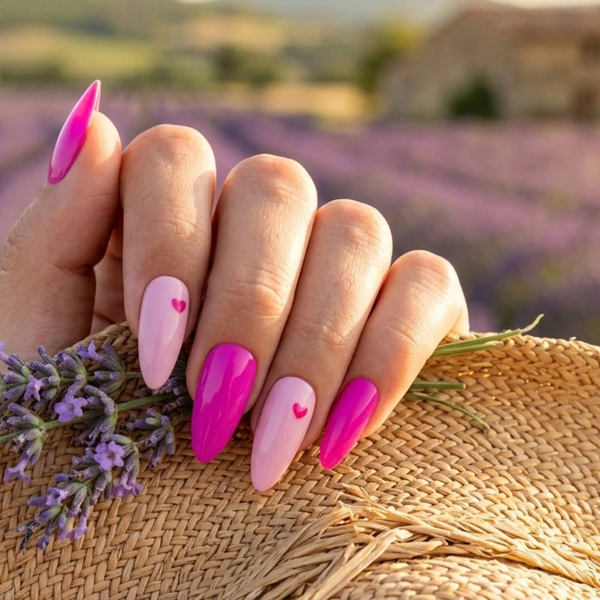 24pcs Handmade Soft Gel Press On Nails Reusable Stick On Nails Kit with Glue, Adhesive Tabs, Nail File & Cuticle Stick - Hot pink with heart 66