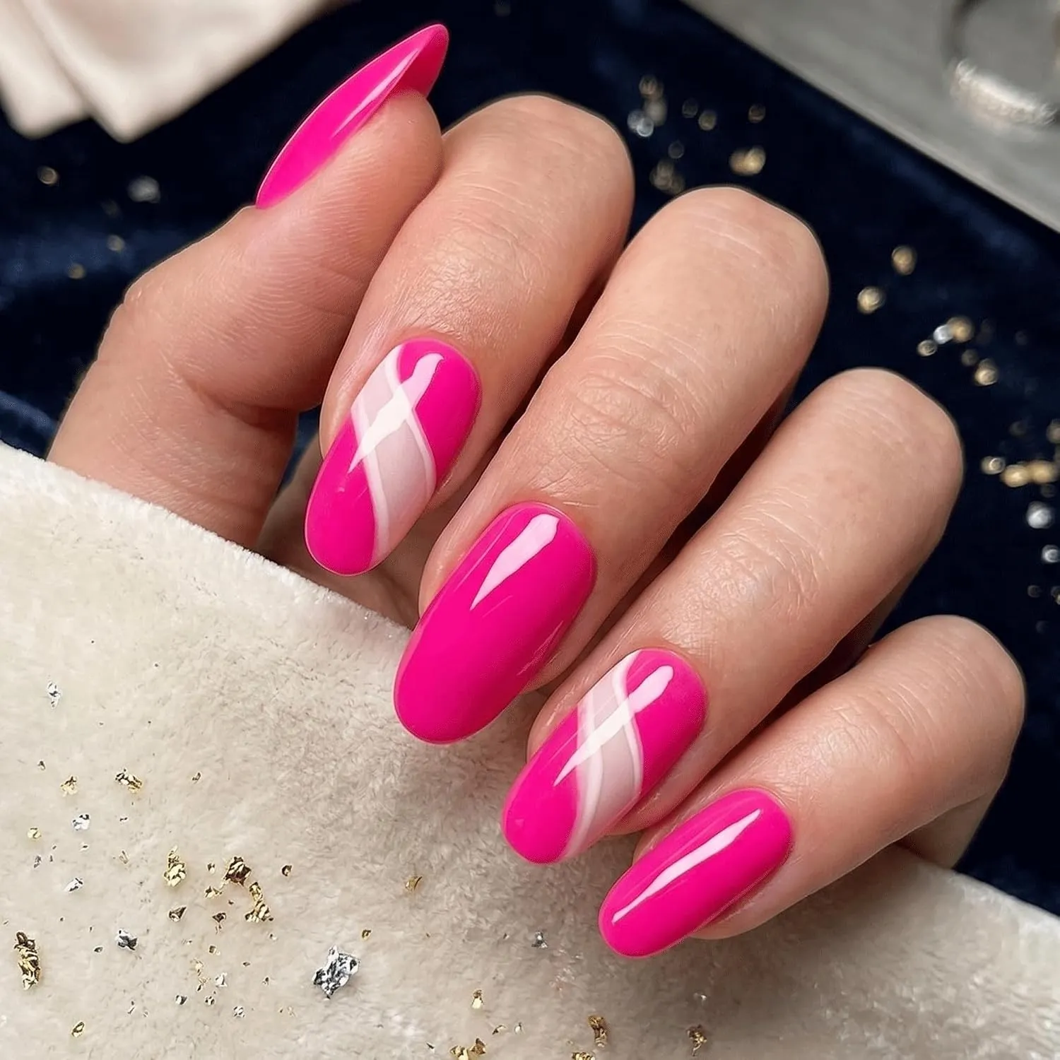 24pcs Handmade Soft Gel Press On Nails Reusable Stick On Nails Kit with Glue, Adhesive Tabs, Nail File & Cuticle Stick-Hot pink with swirl-25