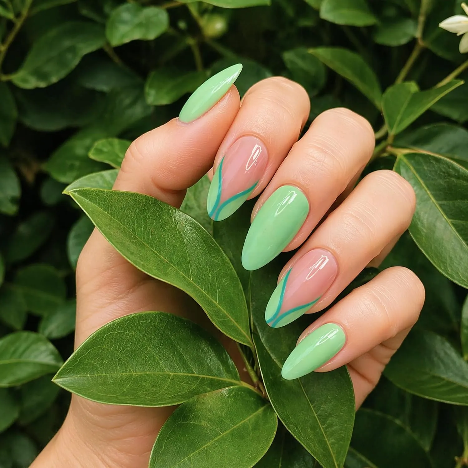 24pcs Handmade Soft Gel Press On Nails Reusable Stick On Nails Kit with Glue, Adhesive Tabs, Nail File & Cuticle Stick - Light green swirl nails 117