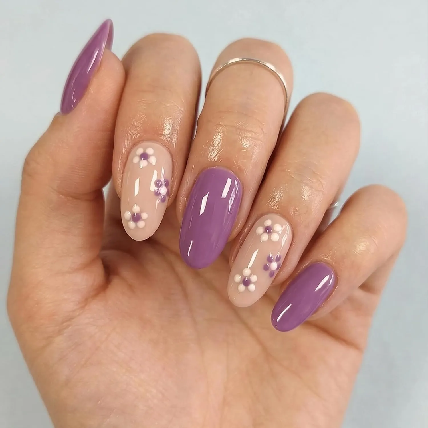 24pcs Handmade Soft Gel Press On Nails Reusable Stick On Nails Kit with Glue, Adhesive Tabs, Nail File & Cuticle Stick-Lilac with flowers-22