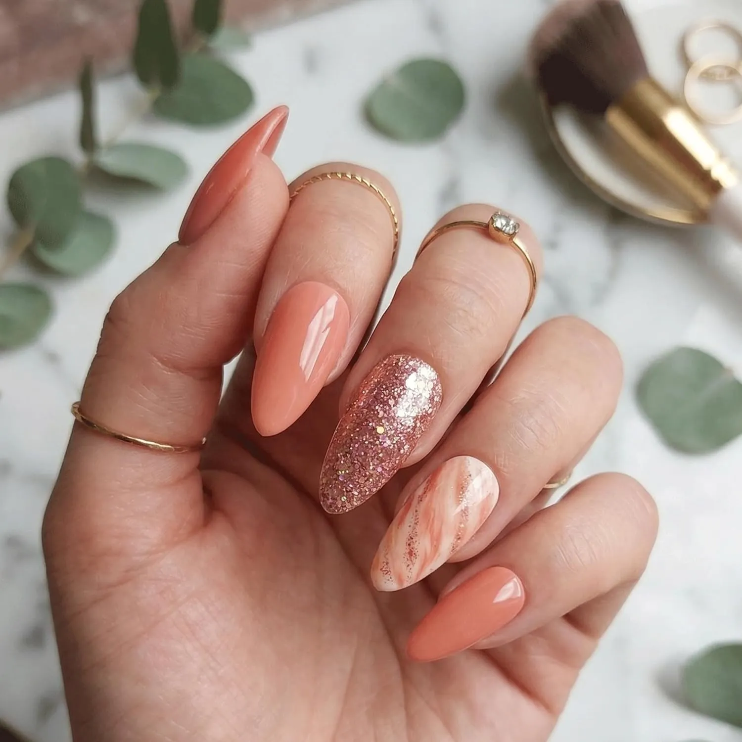 24pcs Handmade Soft Gel Press On Nails Reusable Stick On Nails Kit with Glue, Adhesive Tabs, Nail File & Cuticle Stick-Nude glitter marble art-28
