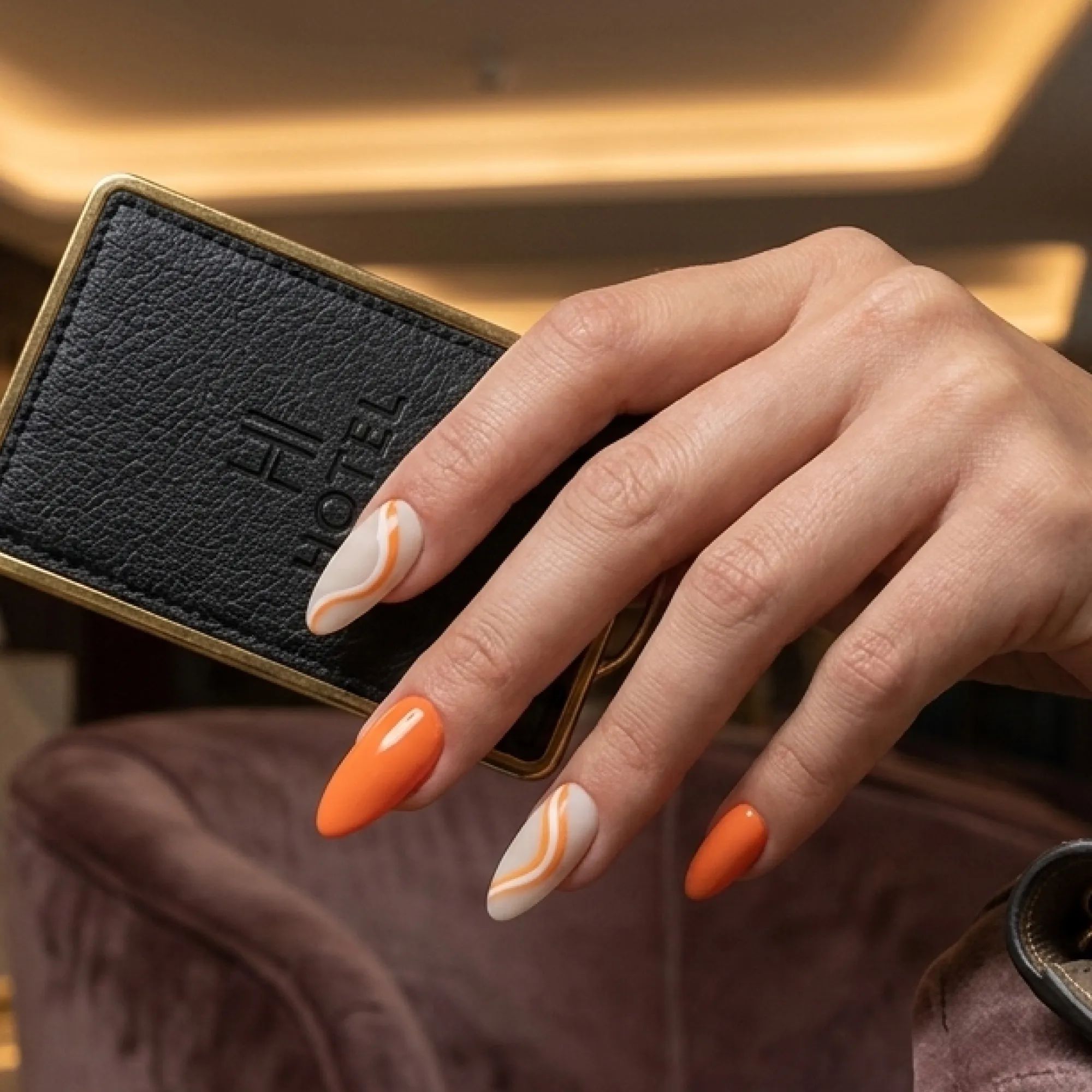 24pcs Handmade Soft Gel Press On Nails Reusable Stick On Nails Kit with Glue, Adhesive Tabs, Nail File & Cuticle Stick - Orange with swirl art 65