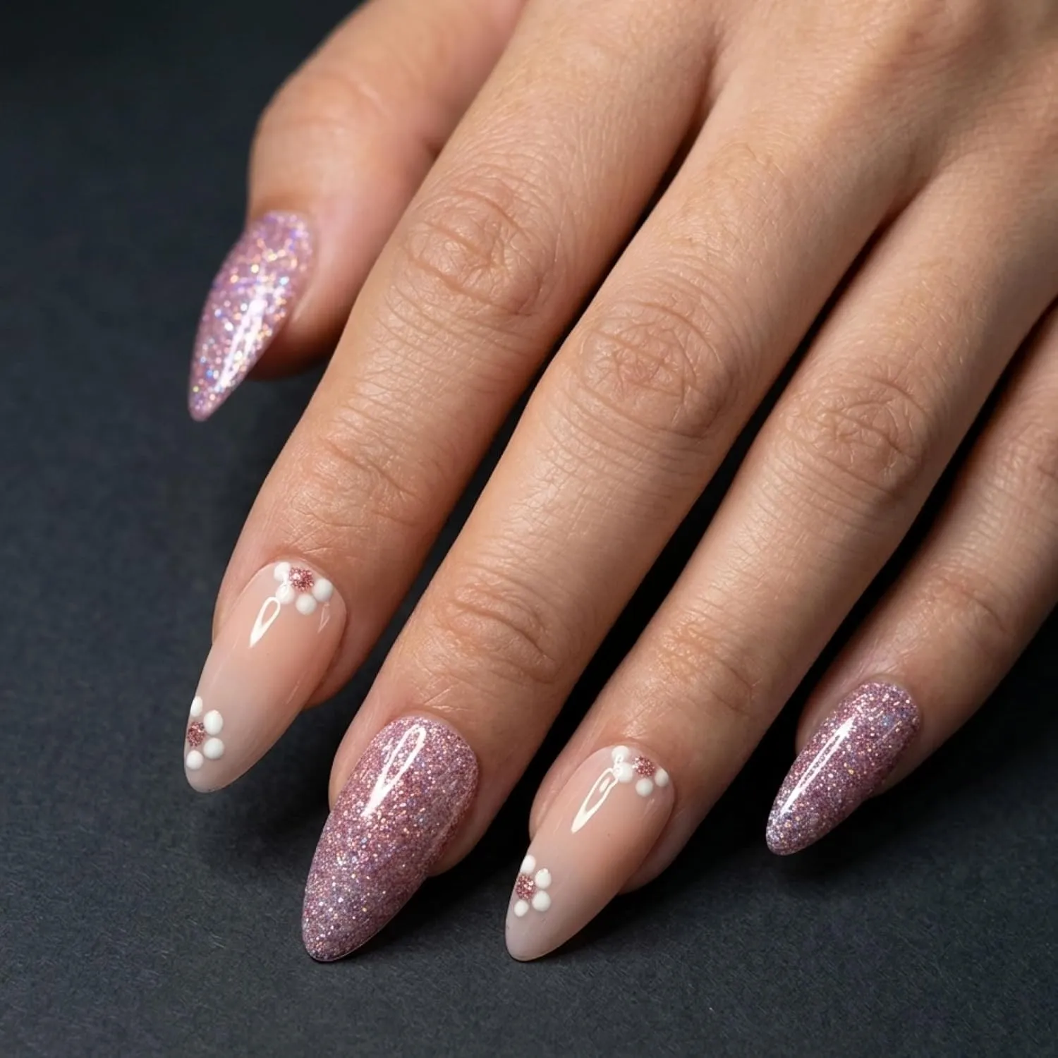 24pcs Handmade Soft Gel Press On Nails Reusable Stick On Nails Kit with Glue, Adhesive Tabs, Nail File & Cuticle Stick - Pink shimmer with flower 118