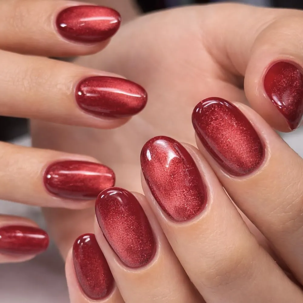 24pcs Handmade Soft Gel Press On Nails Reusable Stick On Nails Kit with Glue, Adhesive Tabs, Nail File & Cuticle Stick -Red shimmer cat eye nail 73