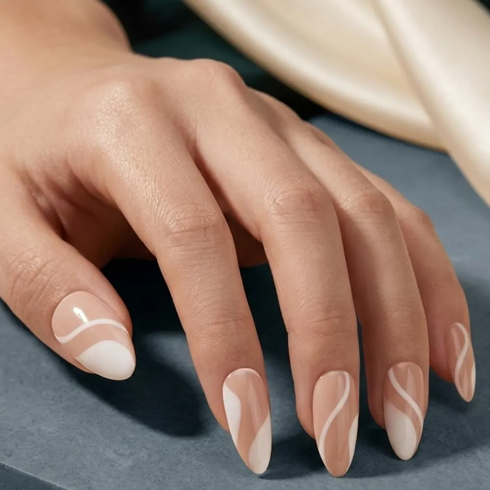 24pcs Handmade Soft Gel Press On Nails Reusable Stick On Nails Kit with Glue, Adhesive Tabs, Nail File & Cuticle Stick -White swirl nails 76