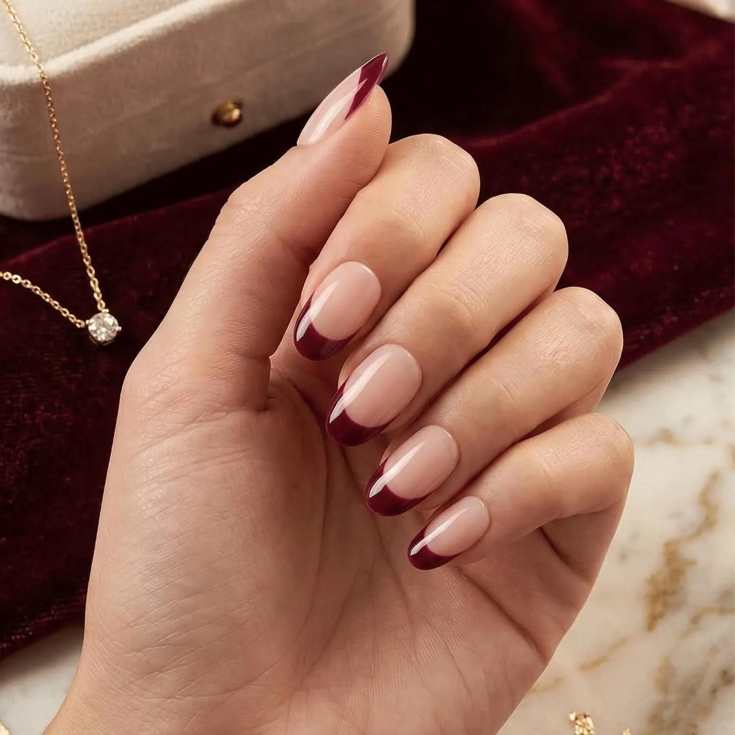 24pcs Handmade Soft Gel Press On Nails Reusable Stick On Nails Kit with Glue, Adhesive Tabs, Nail File & Cuticle Stick-Wine French-02