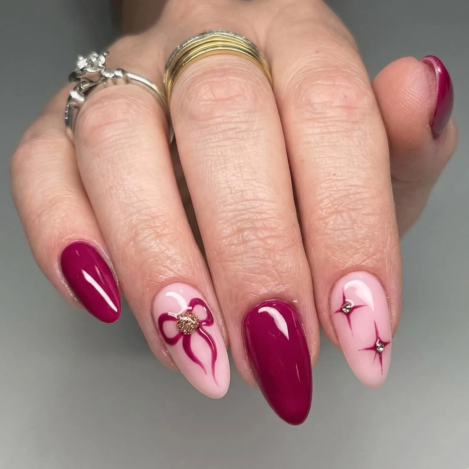 24pcs Handmade Soft Gel Press On Nails Reusable Stick On Nails Kit with Glue, Adhesive Tabs, Nail File & Cuticle Stick-Wine nails with bow star-12