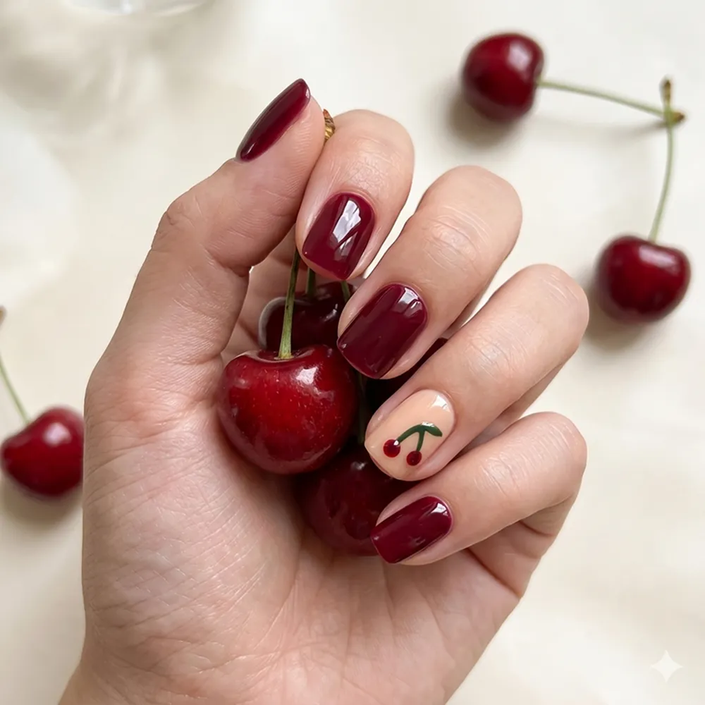 24pcs Handmade Soft Gel Press On Nails Reusable Stick On Nails Kit with Glue, Adhesive Tabs, Nail File & Cuticle Stick - Wine with Cherry - 50