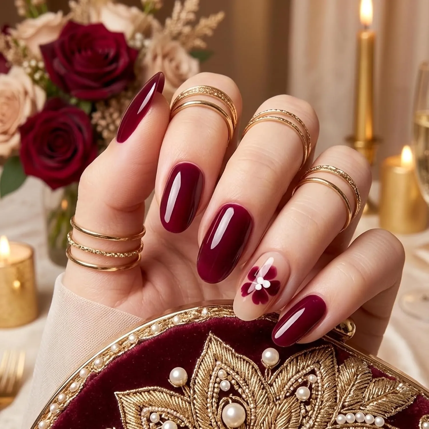 24pcs Handmade Soft Gel Press On Nails Reusable Stick On Nails Kit with Glue, Adhesive Tabs, Nail File & Cuticle Stick -Wine with blooming flower 93