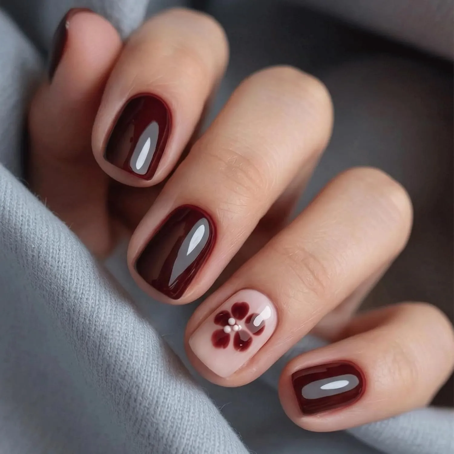 24pcs Handmade Soft Gel Press On Nails Reusable Stick On Nails Kit with Glue, Adhesive Tabs, Nail File & Cuticle Stick-Wine with blooming flower-14