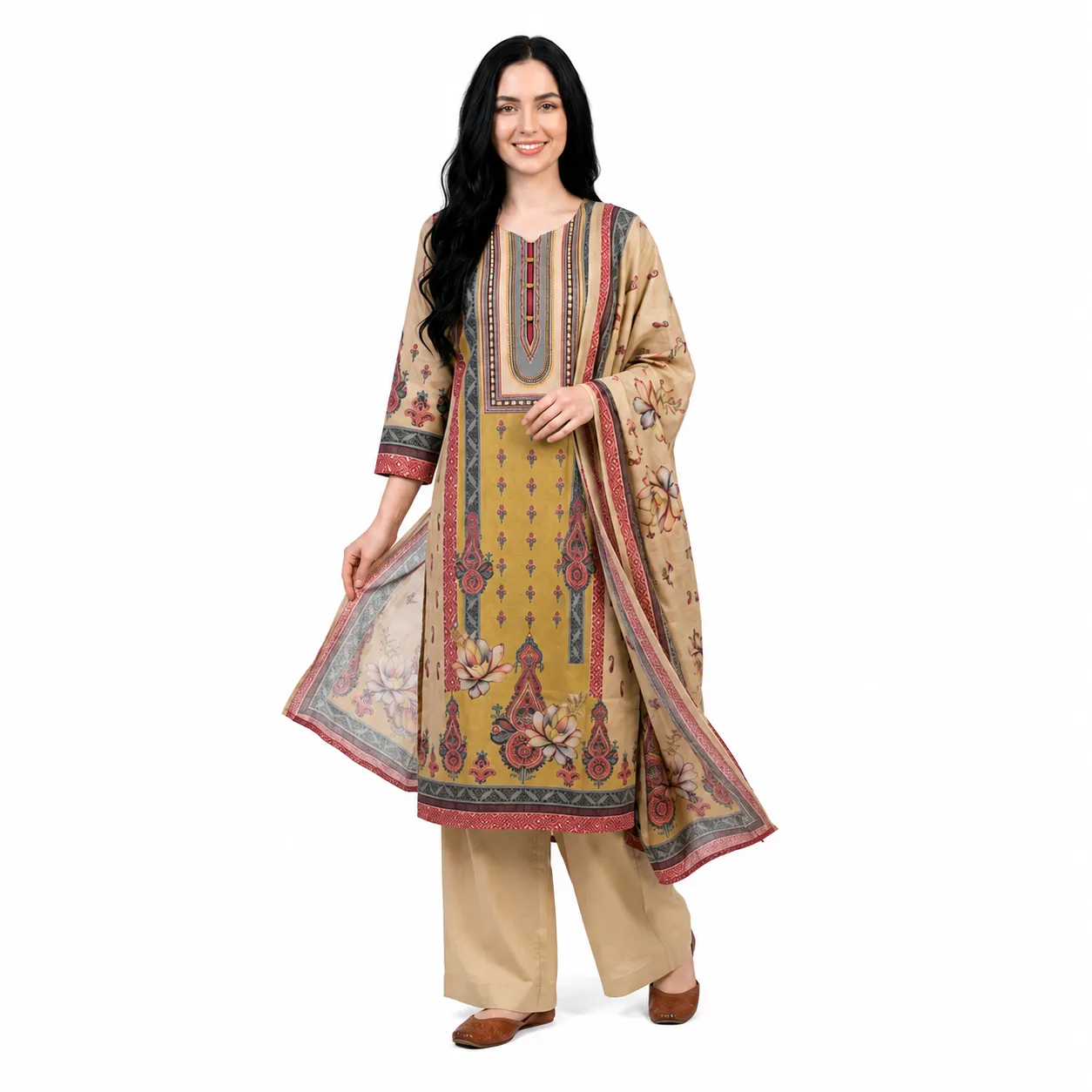REHNI Beige Floral Embroidered Kurta Set...