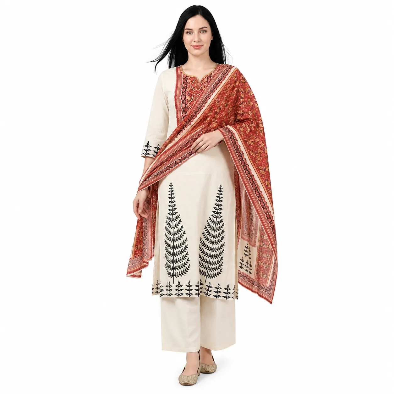 REHNI Ivory Embroidered Kurta Set with P...