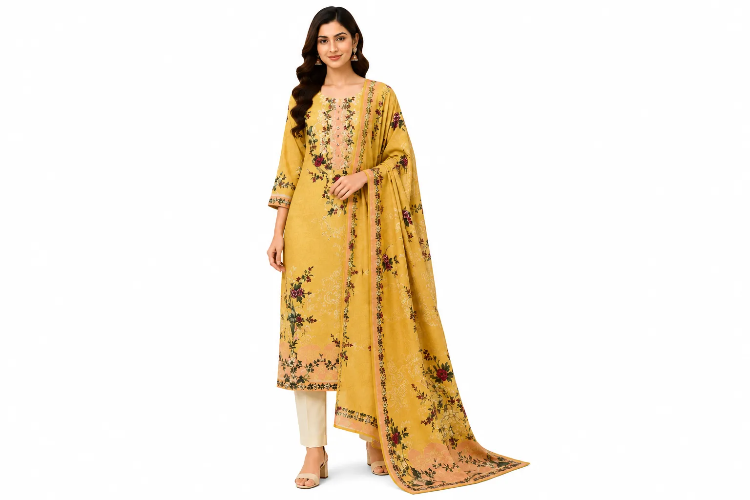 REHNI Mustard Floral Embroidered Kurta S...