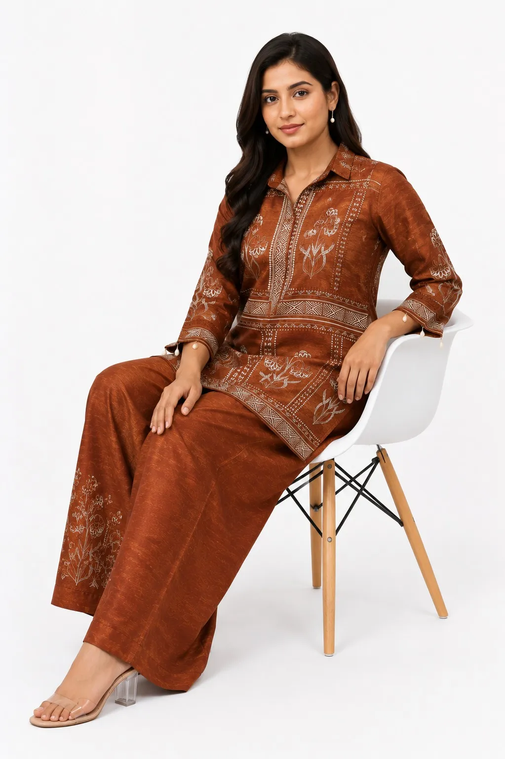 Women Brown Ethnic Printed Co-Ord Set wi...
