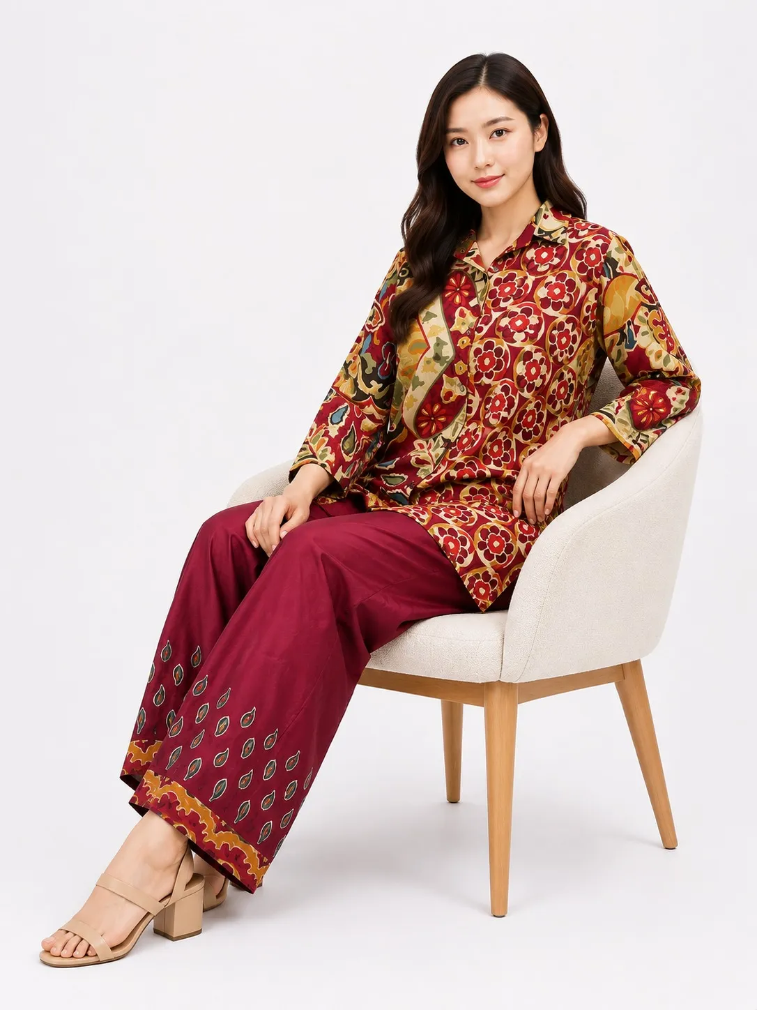 Women Maroon Floral Printed Co-Ord Set w...