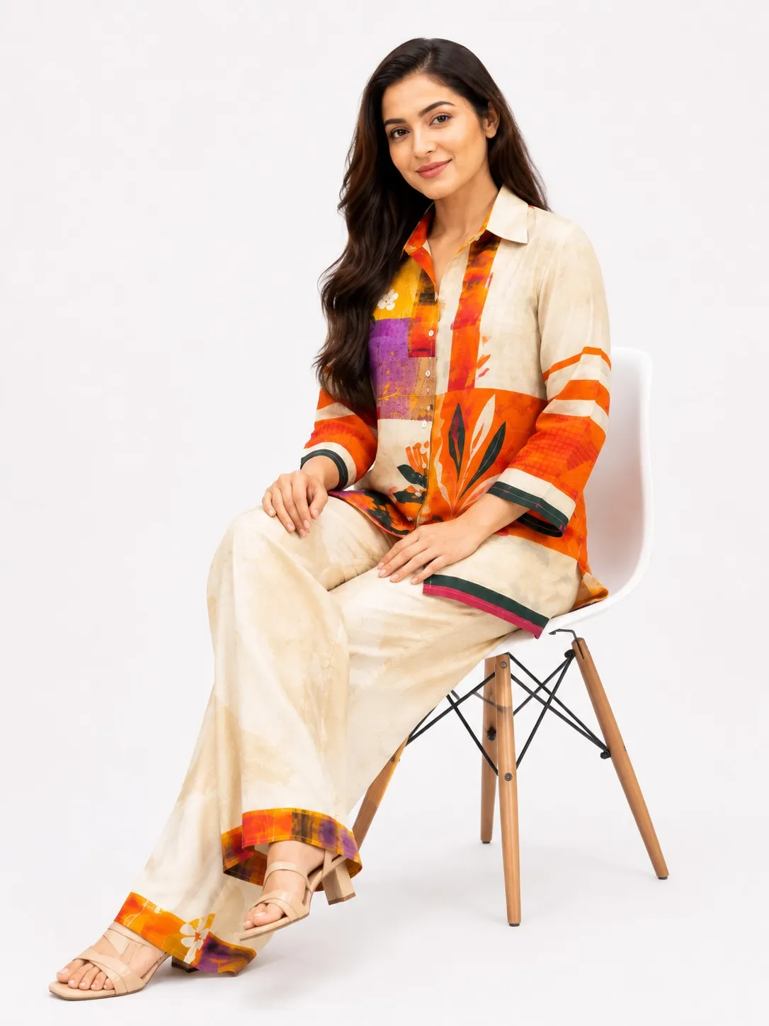 Women Beige Abstract Printed Co-Ord Set ...