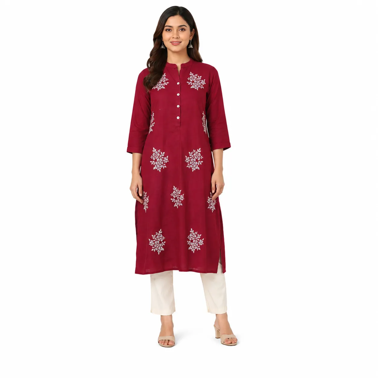 womems red embroided kurta set