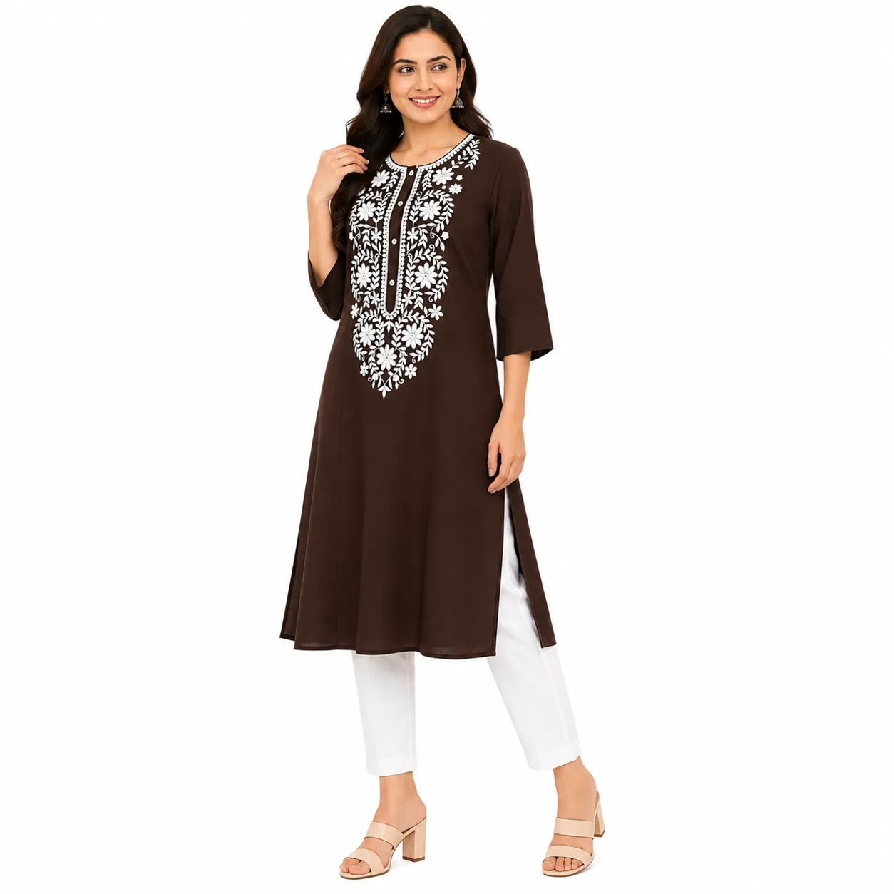 REHNI COFFEE BROWN EMBROIDED KURTA SET