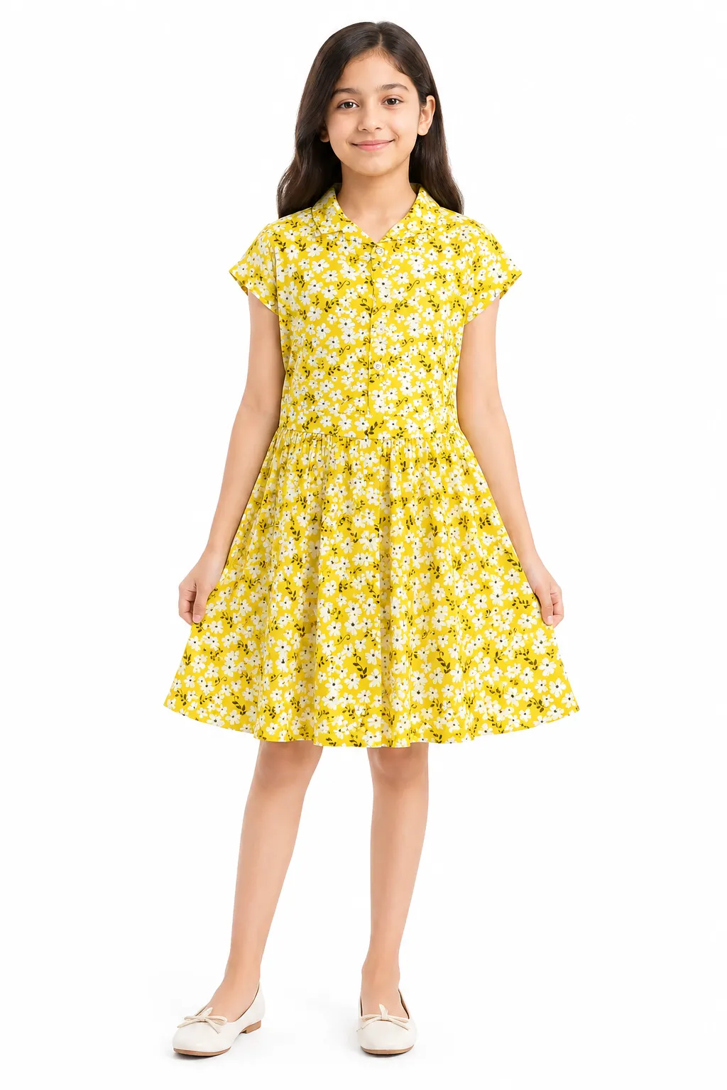 NYD Girls Yellow Floral Cotton Shirt Dre...