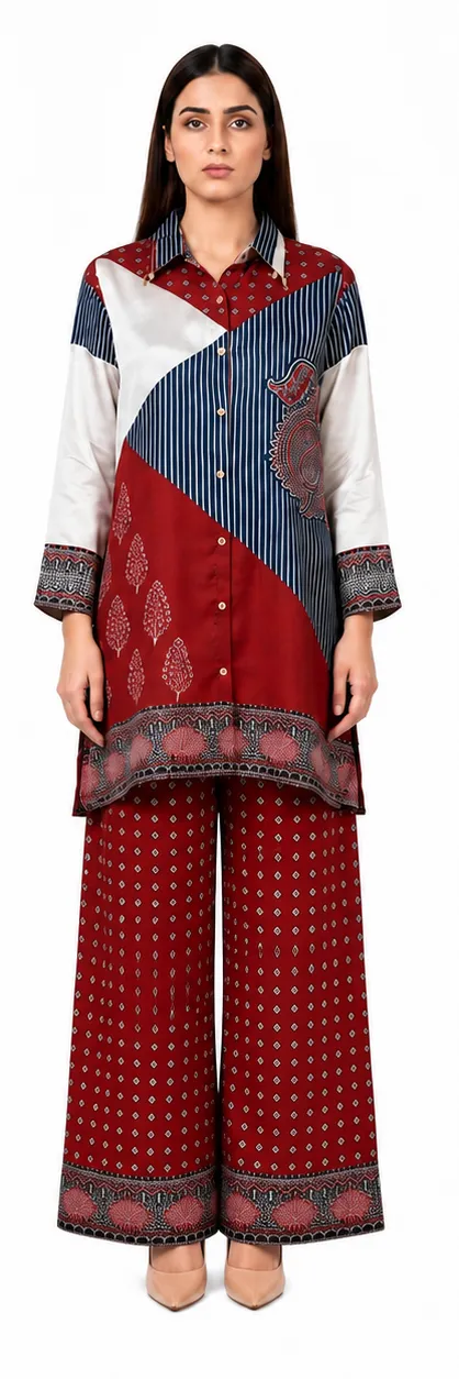 Rehni Maroon & Navy Paisley Natural Crep...