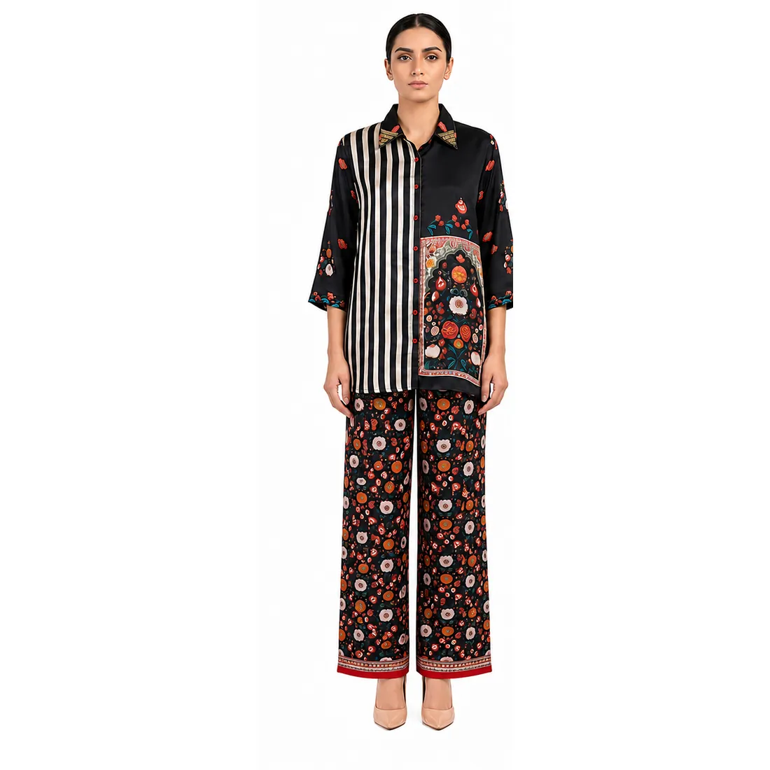 Rehni Black Floral & Stripe Natural Crep...